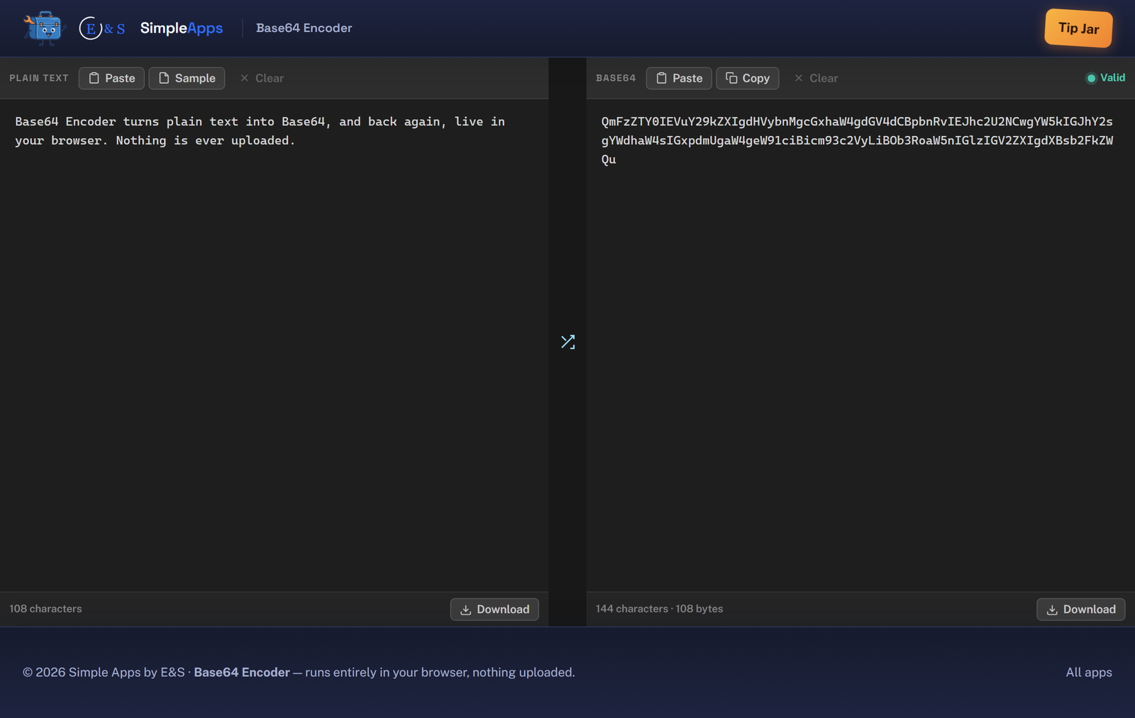 Base64 Encoder running in a web browser: plain text on the left, its live Base64 encoding on the right, with a green Valid indicator and a footer confirming nothing was uploaded.