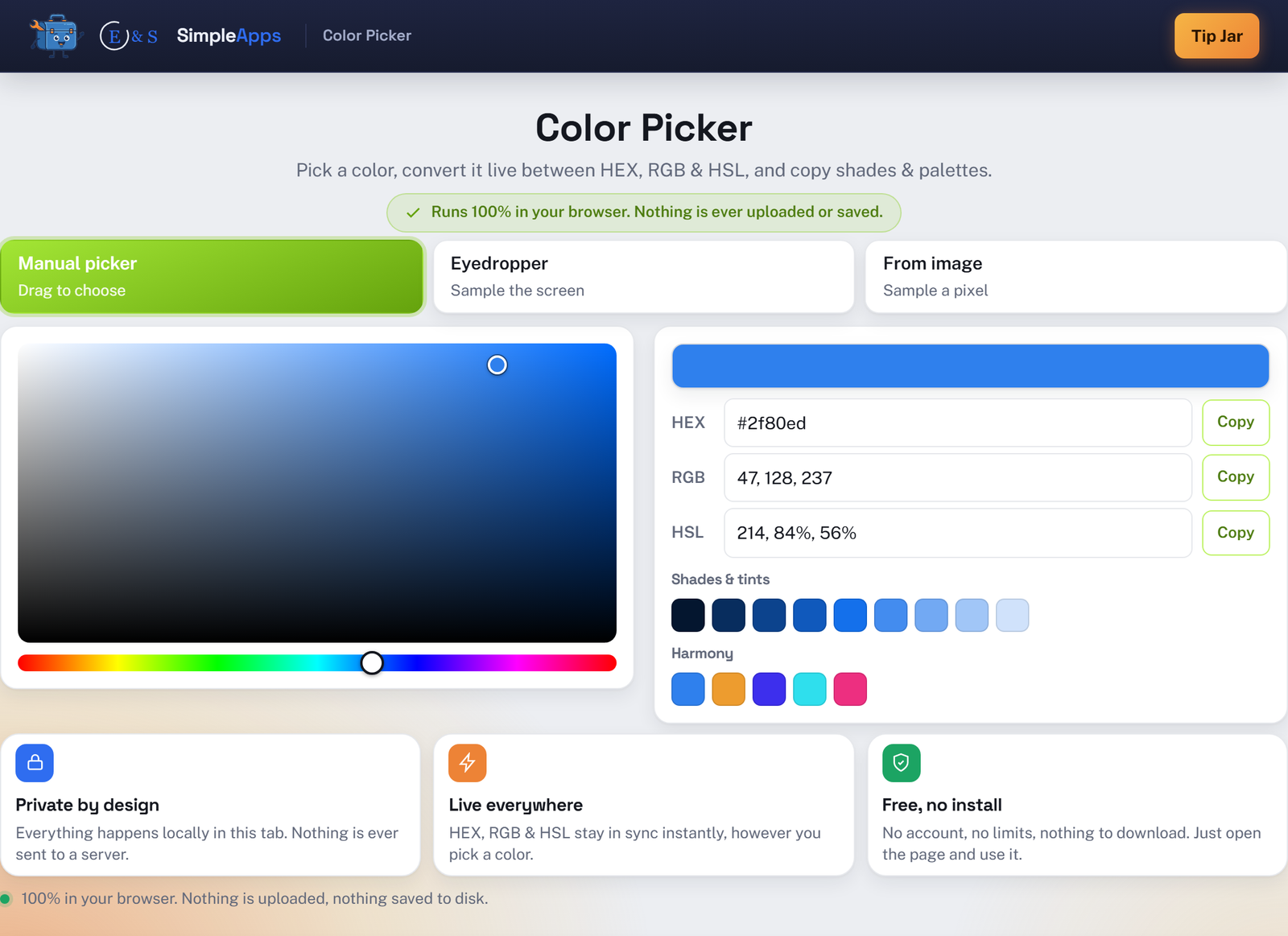 Color Picker running in a web browser: a manual picker with a blue color selected, its HEX, RGB and HSL values in sync, plus a shades ramp and a harmony palette, with a footer confirming nothing was uploaded.