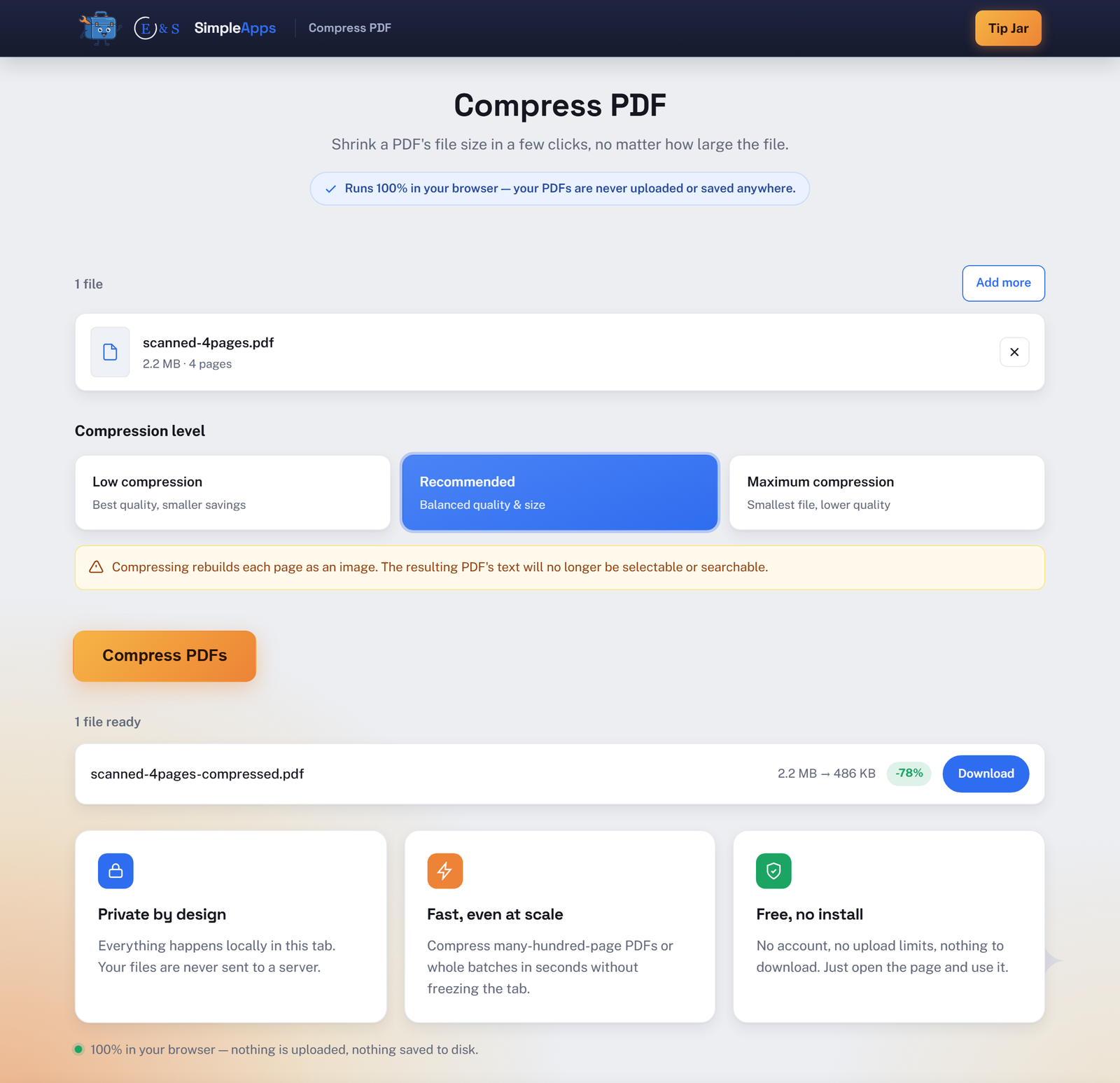 Compress PDF running in a web browser: a 2.2 MB scanned PDF compressed at the Recommended level down to 486 KB, a 78% size reduction, with benefit cards and a status line confirming nothing was uploaded.