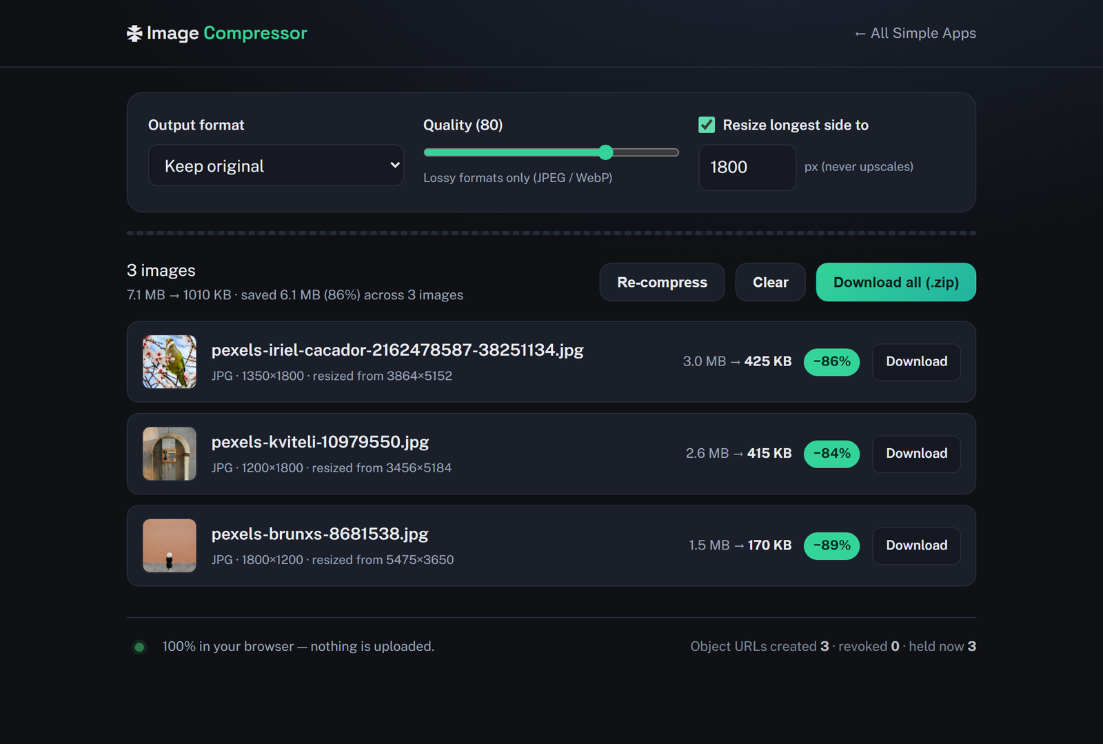 The Image Compressor running in a web browser: three photos batch-compressed entirely on-device, each about 85% smaller (7.1 MB down to roughly 1 MB total), with a footer confirming nothing was uploaded.