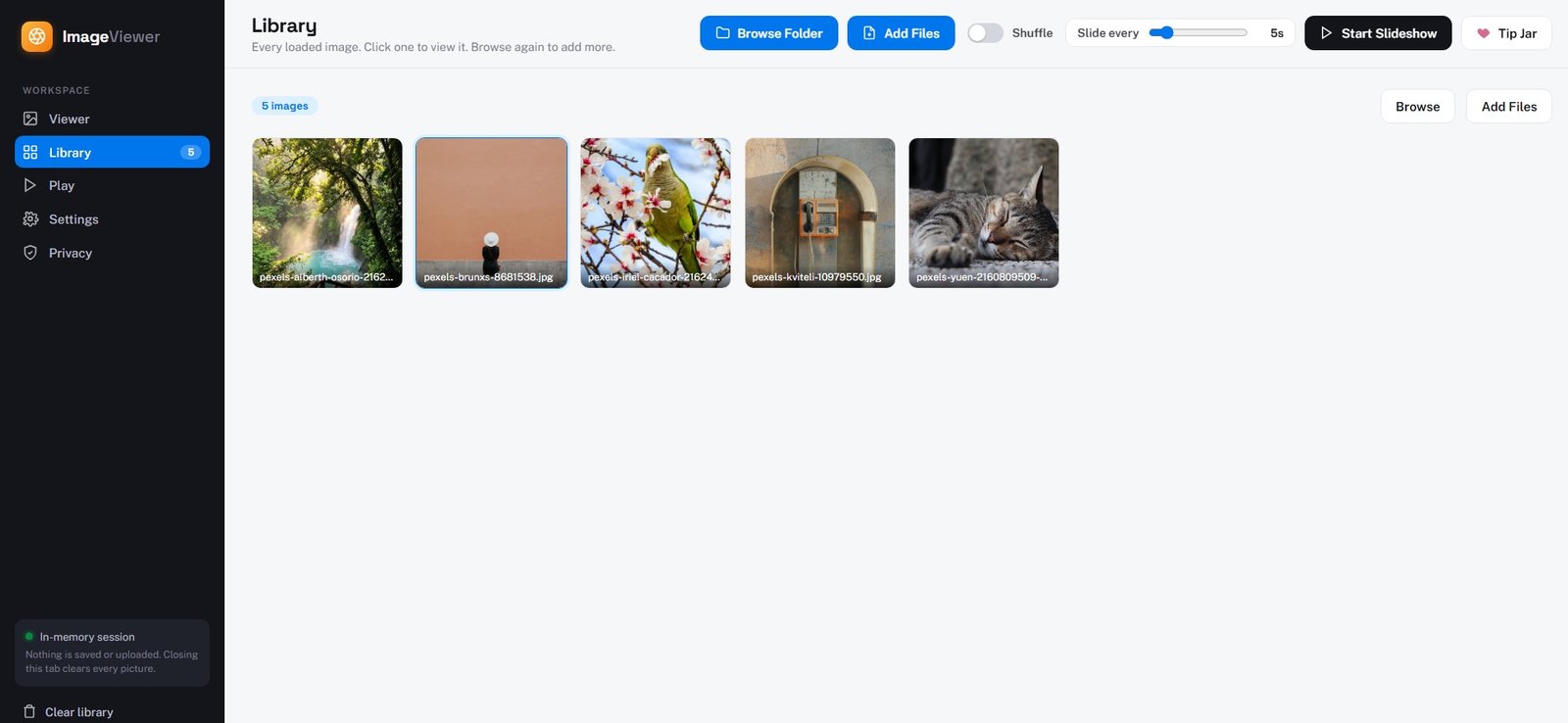 The Image Viewer library showing a grid of loaded photos and an in-memory session badge stating nothing is saved or uploaded.