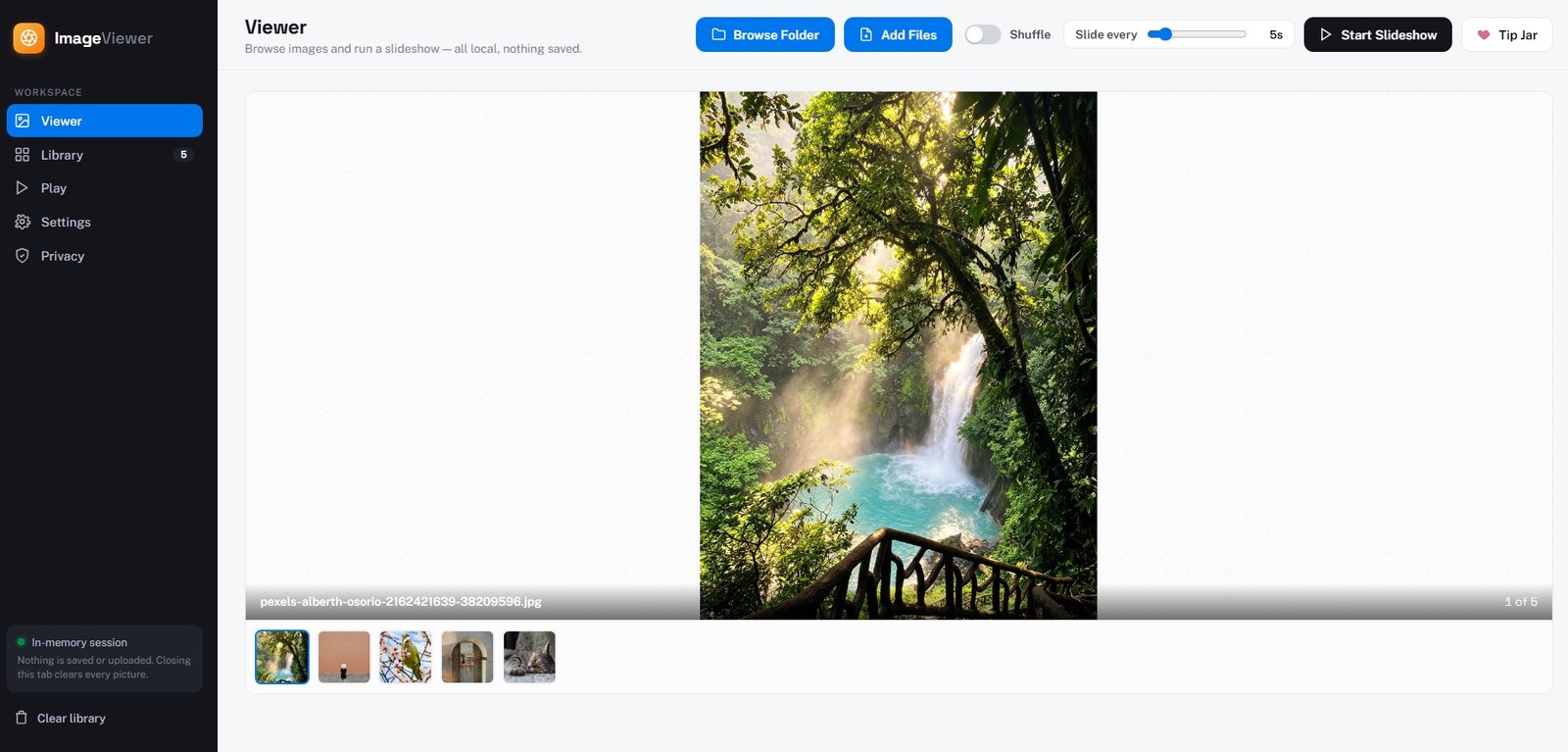 Image Viewer running a fullscreen browser photo slideshow of a local image, with a timer, shuffle toggle and a thumbnail filmstrip — nothing uploaded.