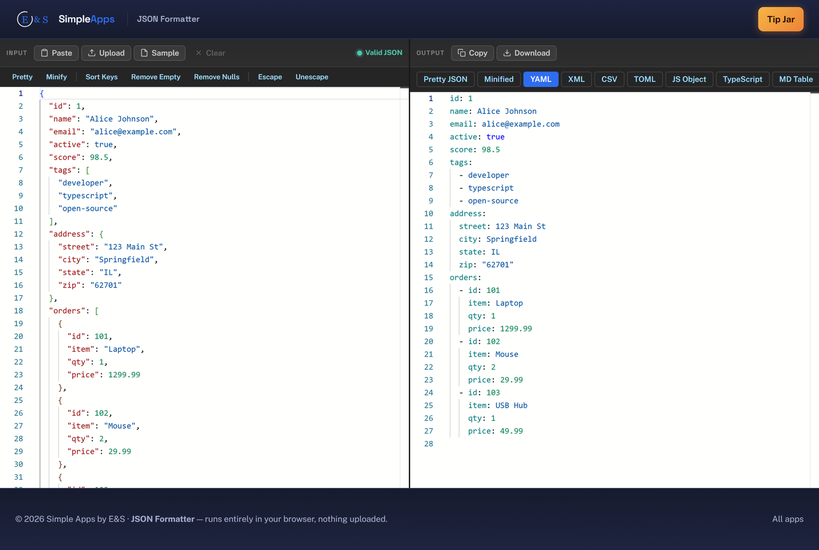 The JSON Formatter running in a web browser: JSON pasted in the left editor, converted to YAML on the right, with a green Valid JSON indicator and a footer confirming nothing was uploaded.