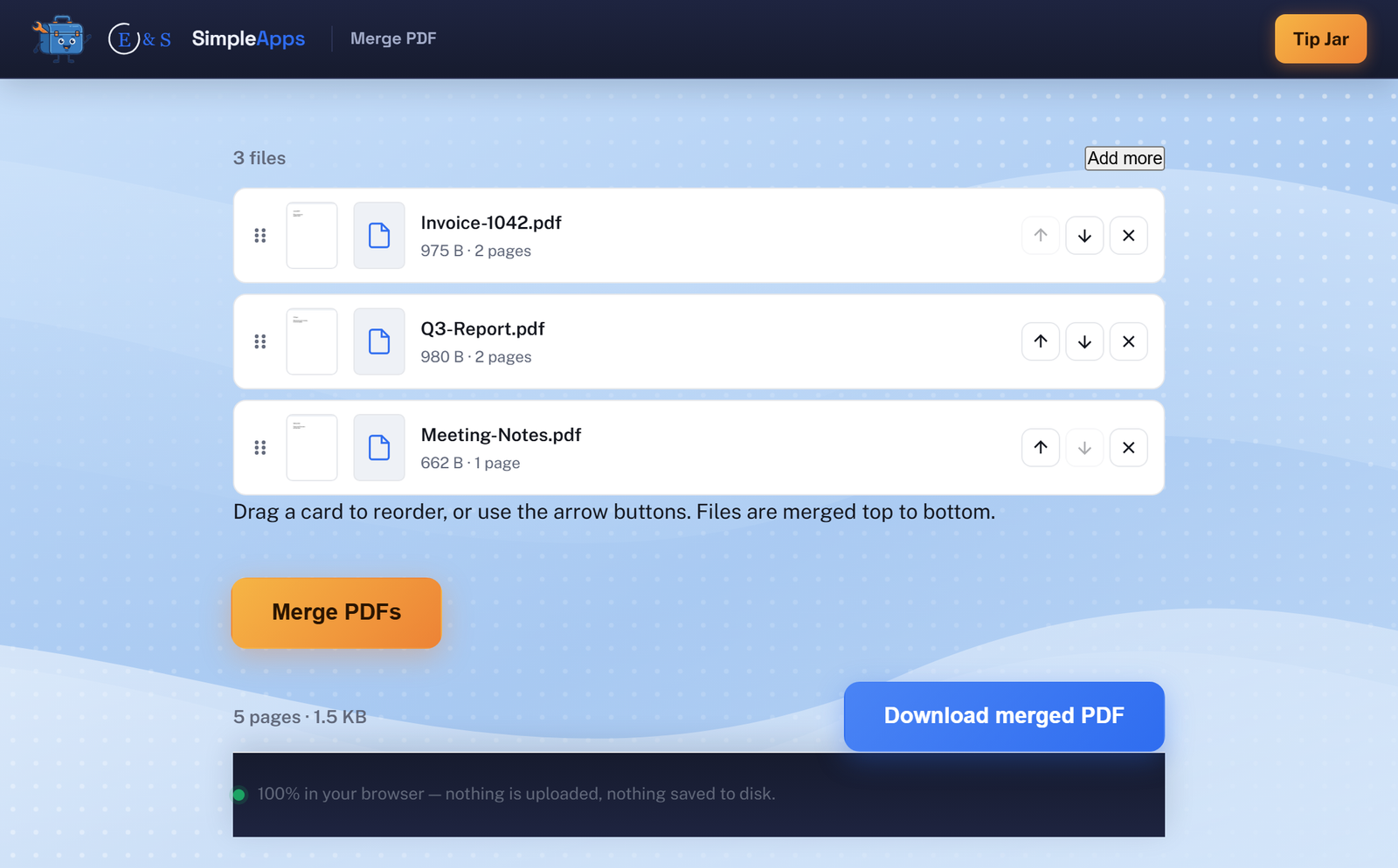 Merge PDF running in a web browser: three uploaded PDFs shown as draggable cards with page-count and first-page thumbnails, reordered by drag-and-drop, ready to merge into one downloadable file, with a footer confirming nothing was uploaded.